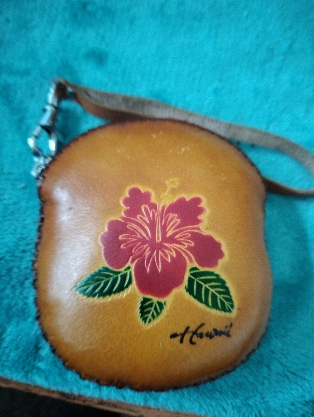 Hand-Tooled Leather Coin Purse Wristlet Hawaii Hand-Painted pink hibiscus flower